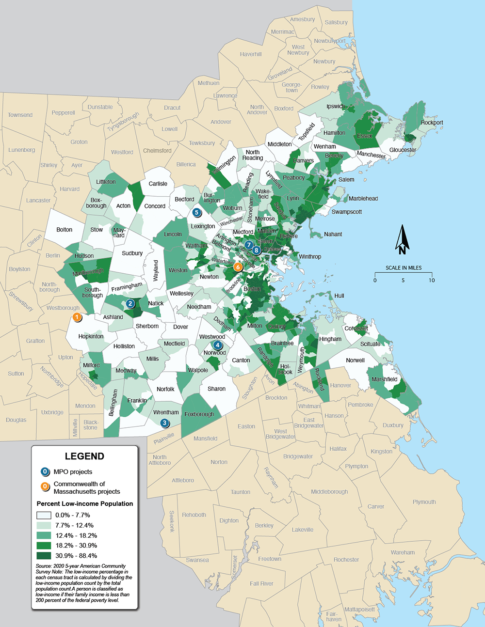 This figure is a map of the Boston region that displays the locations of Recommended Plan projects and census tracts shaded by their share of low-income population.